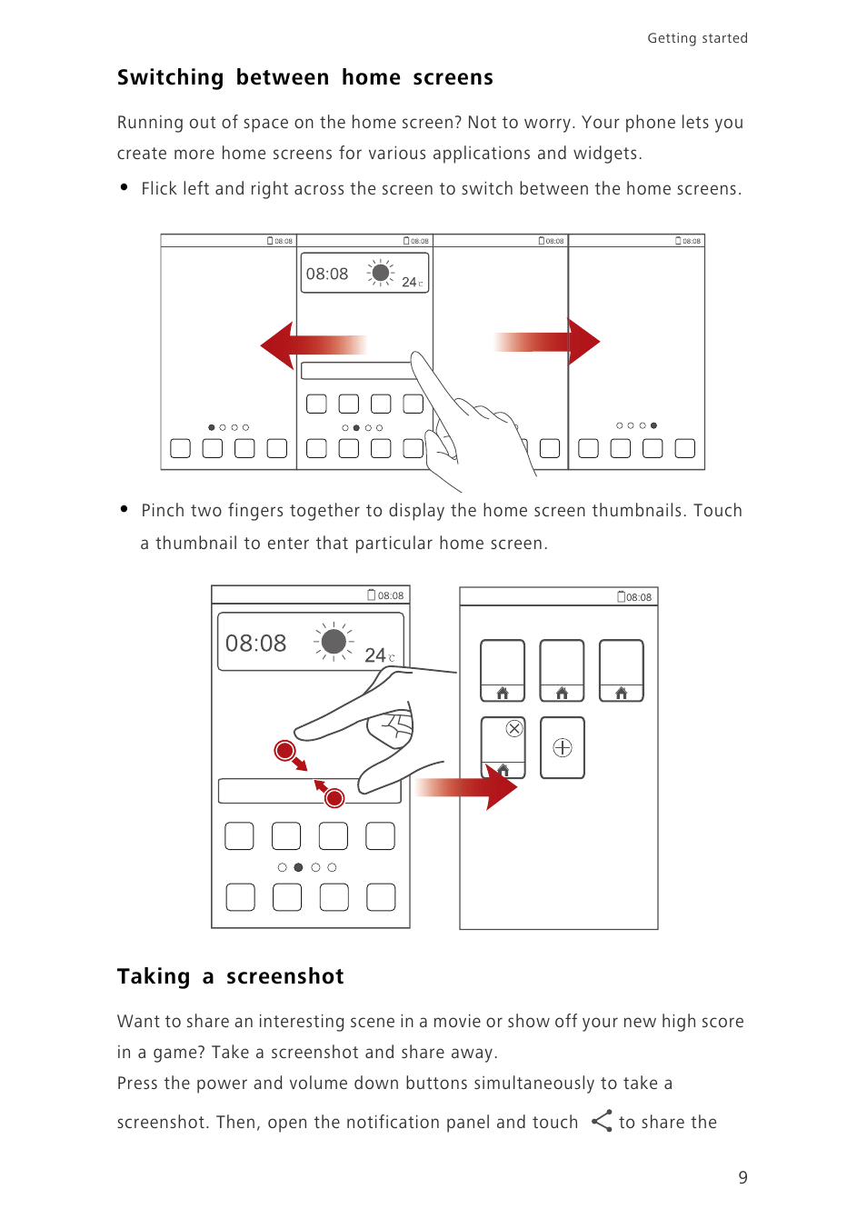 Switching between home screens, Taking a screenshot | Huawei Honor 3C H30-U10 User Guide User Manual | Page 13 / 75