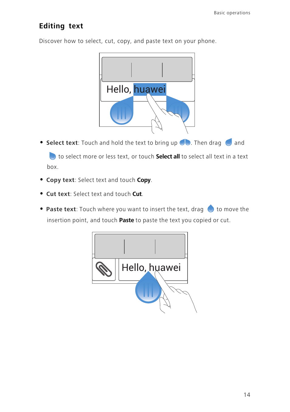 Editing text, Hello, huawei | Huawei Honor 3C H30-U10 User Guide User Manual | Page 18 / 75