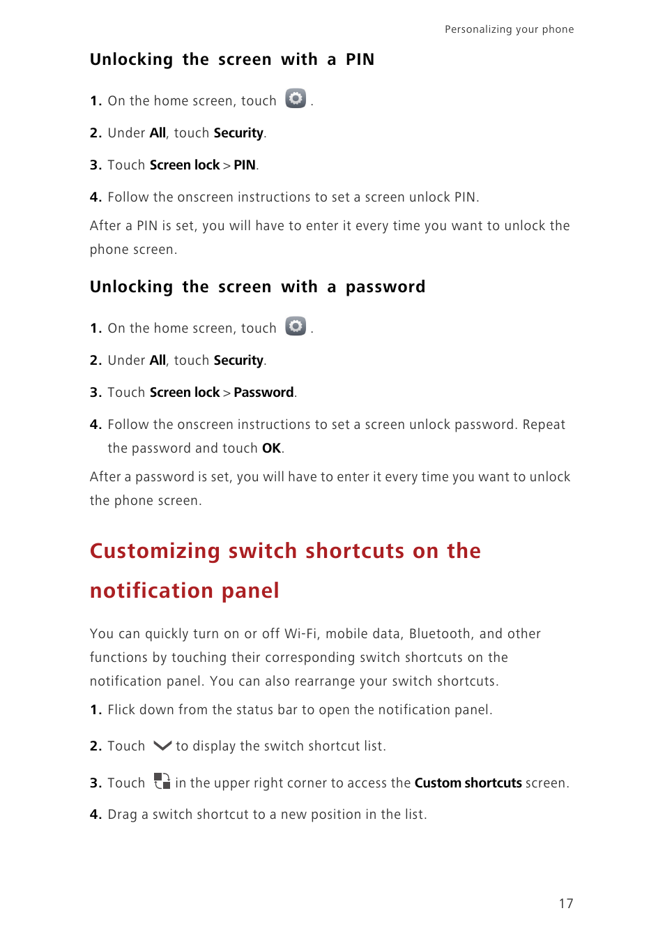 Unlocking the screen with a pin, Unlocking the screen with a password | Huawei Honor 3C H30-U10 User Guide User Manual | Page 21 / 75