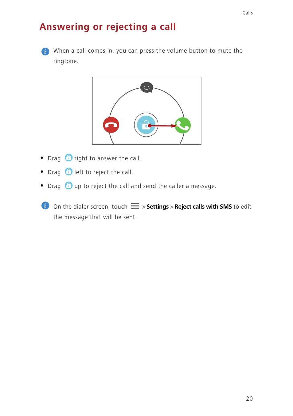 Answering or rejecting a call | Huawei Honor 3C H30-U10 User Guide User Manual | Page 24 / 75