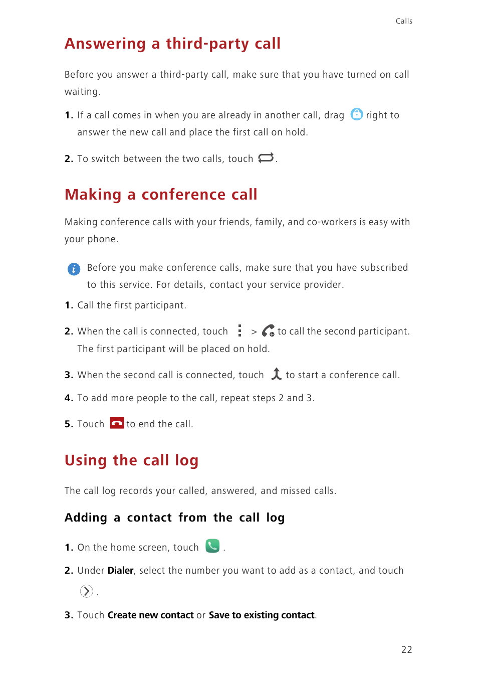 Answering a third-party call, Making a conference call, Using the call log | Adding a contact from the call log | Huawei Honor 3C H30-U10 User Guide User Manual | Page 26 / 75