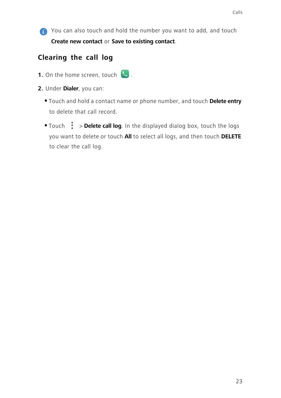 Clearing the call log | Huawei Honor 3C H30-U10 User Guide User Manual | Page 27 / 75