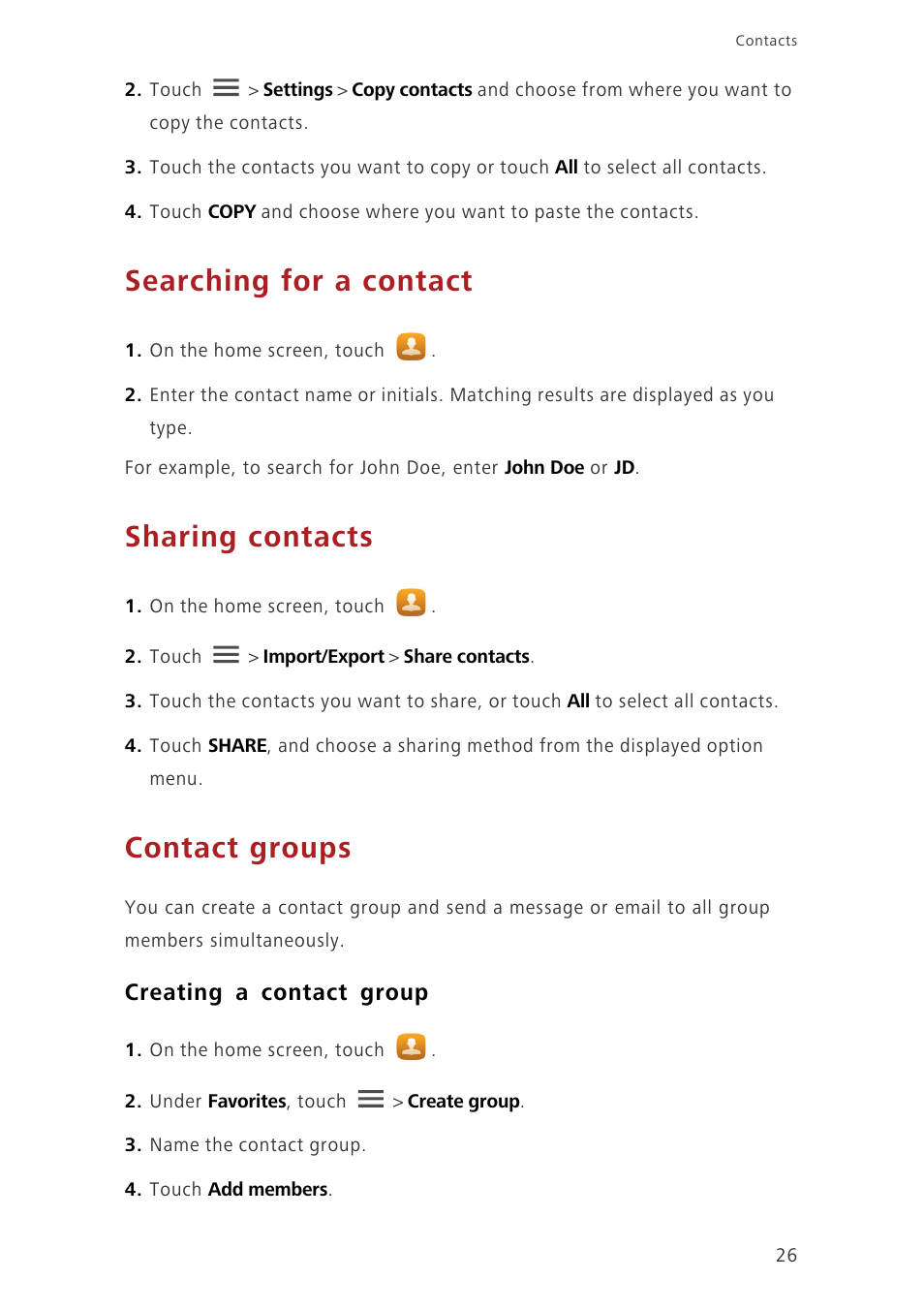 Searching for a contact, Sharing contacts, Contact groups | Creating a contact group | Huawei Honor 3C H30-U10 User Guide User Manual | Page 30 / 75