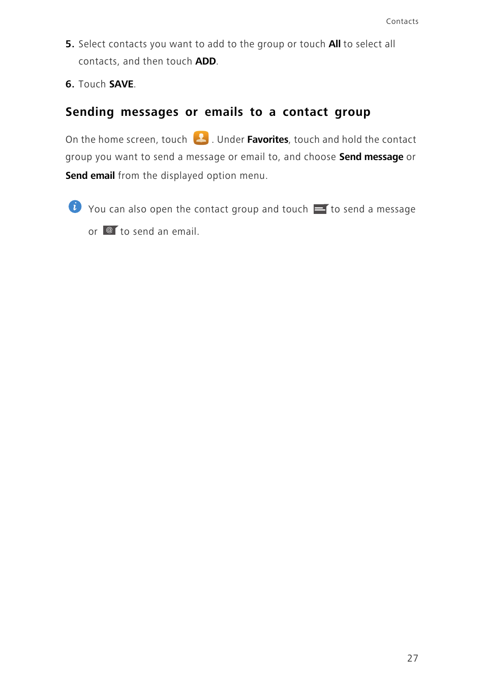 Sending messages or emails to a contact group | Huawei Honor 3C H30-U10 User Guide User Manual | Page 31 / 75