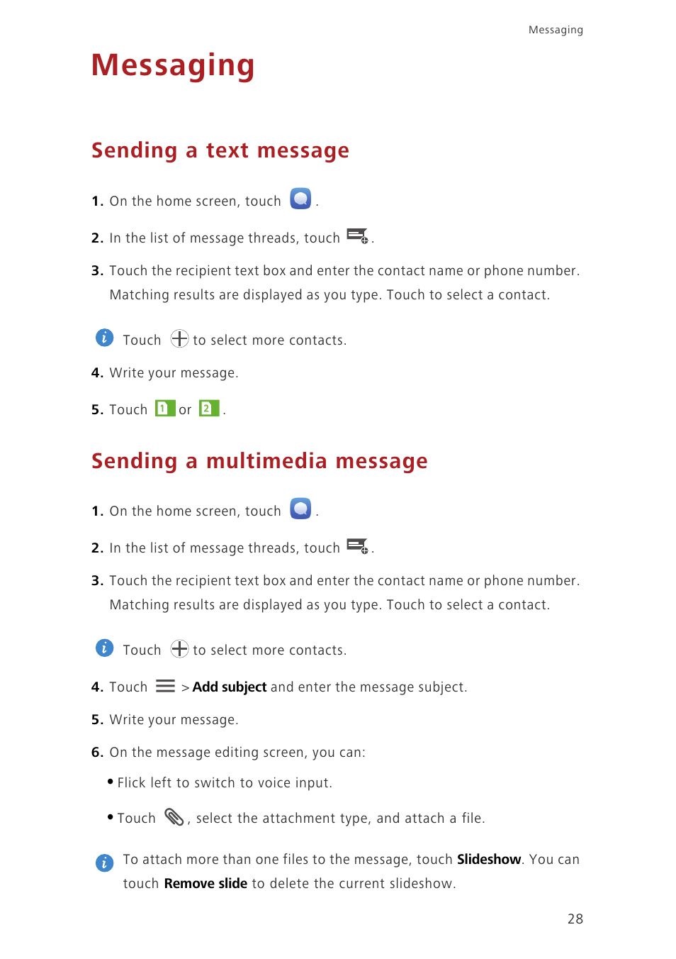 Messaging, Sending a text message, Sending a multimedia message | Huawei Honor 3C H30-U10 User Guide User Manual | Page 32 / 75