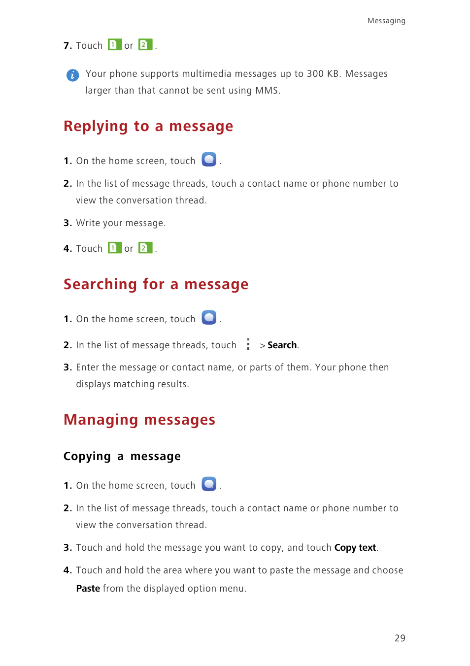 Replying to a message, Searching for a message, Managing messages | Copying a message | Huawei Honor 3C H30-U10 User Guide User Manual | Page 33 / 75