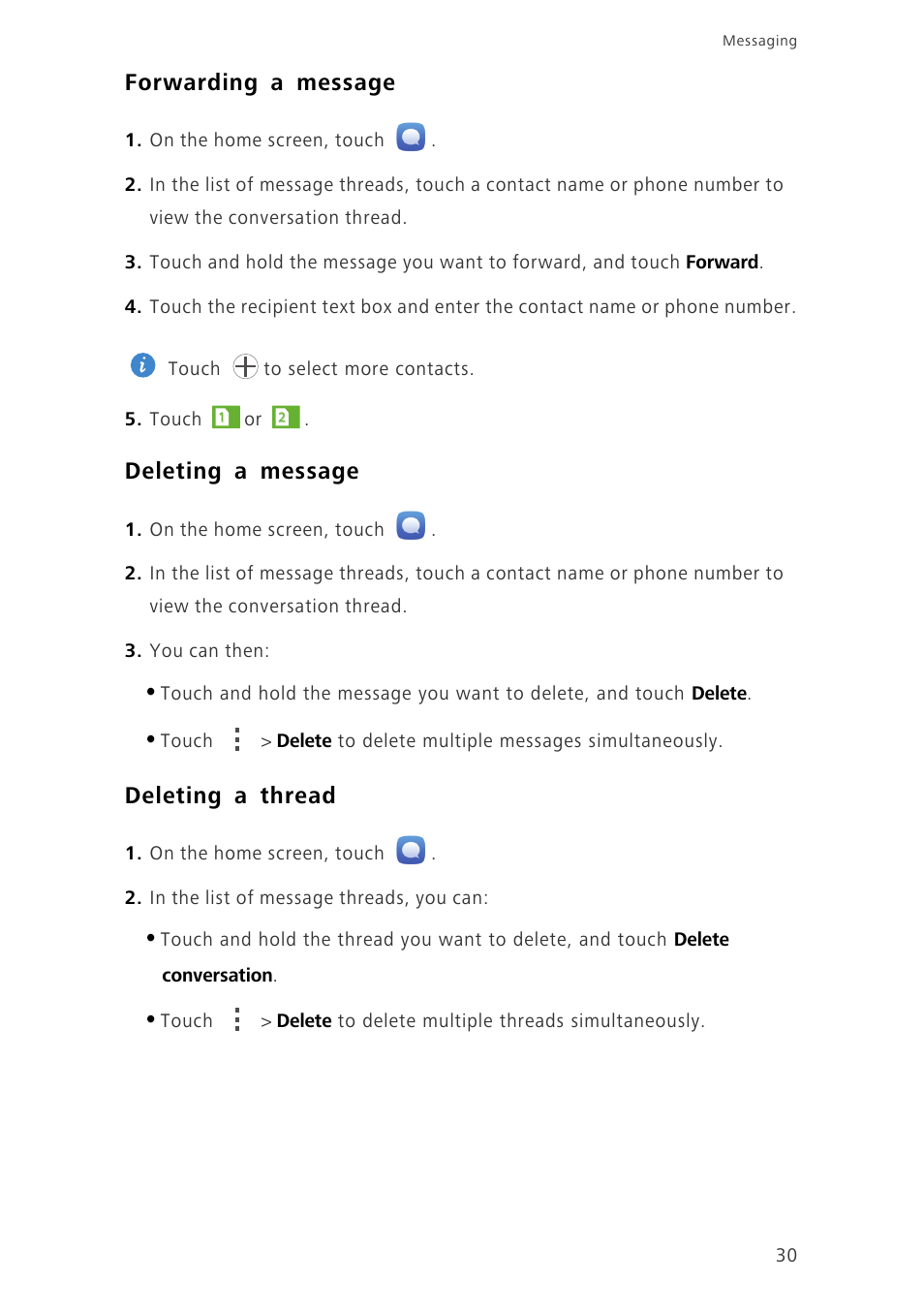 Forwarding a message, Deleting a message, Deleting a thread | Huawei Honor 3C H30-U10 User Guide User Manual | Page 34 / 75