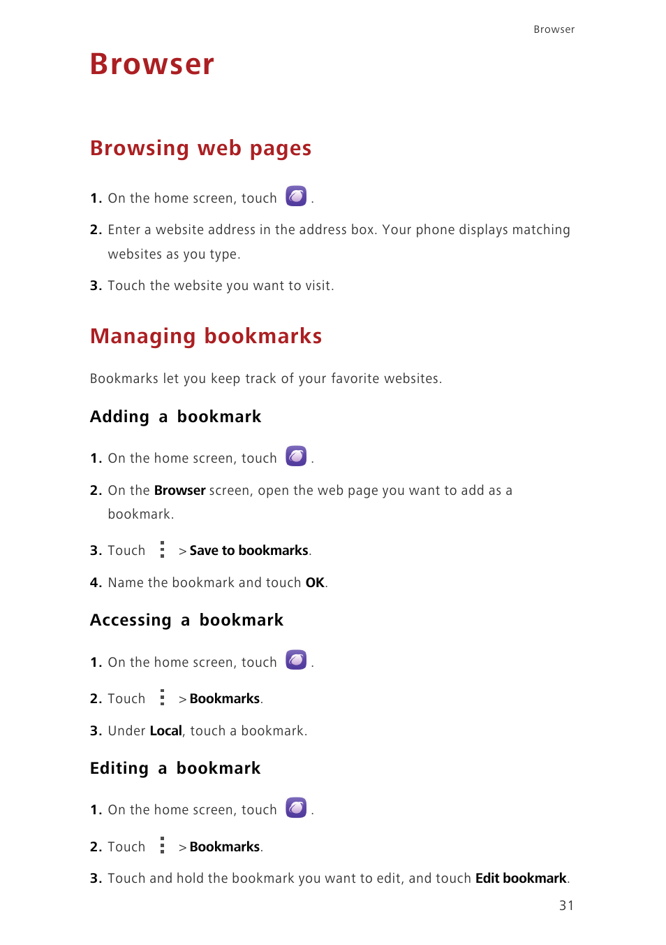 Browser, Managing bookmarks, Adding a bookmark | Accessing a bookmark, Editing a bookmark, Browsing web pages | Huawei Honor 3C H30-U10 User Guide User Manual | Page 35 / 75