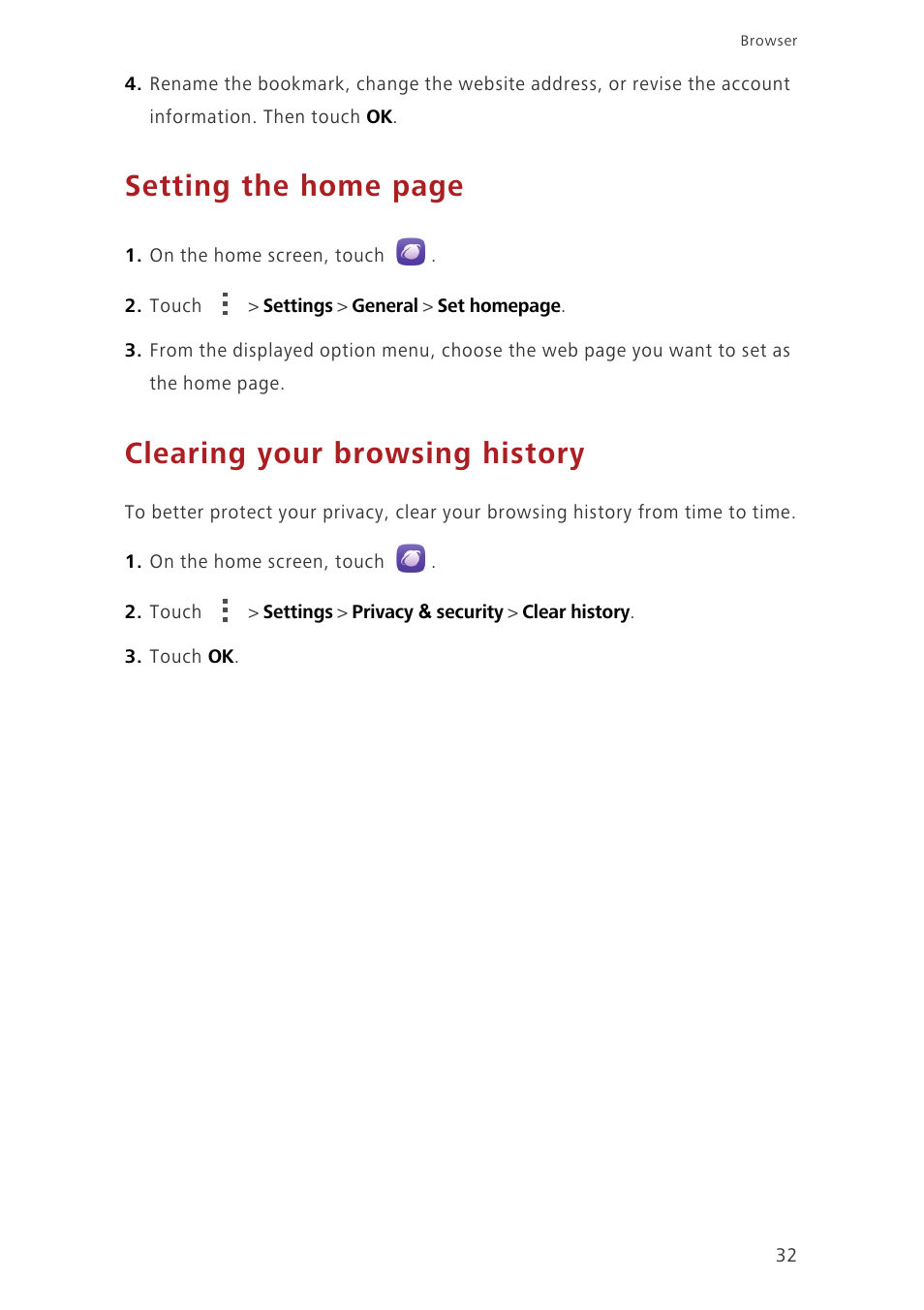 Clearing your browsing history, Setting the home page | Huawei Honor 3C H30-U10 User Guide User Manual | Page 36 / 75