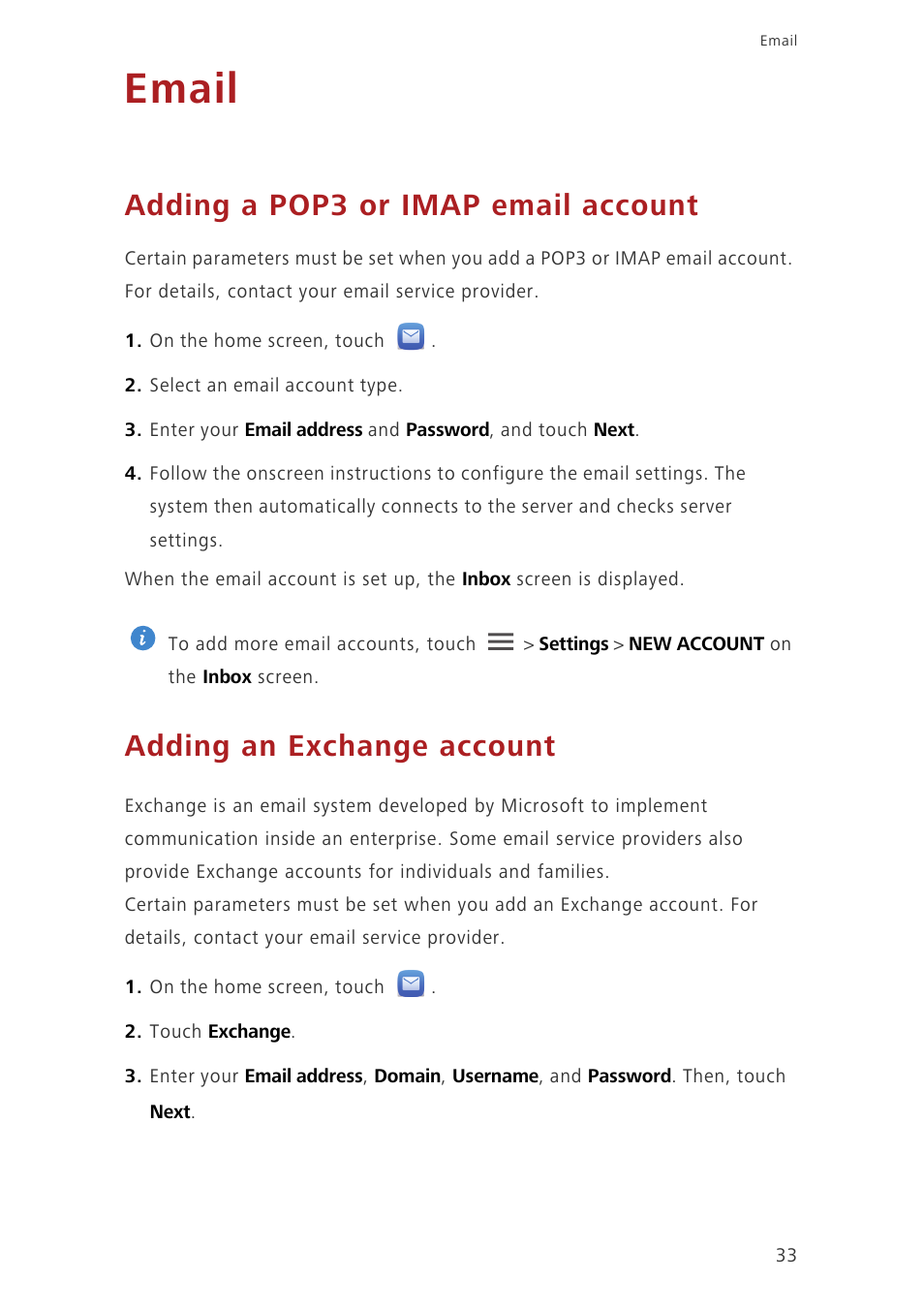 Email, Adding a pop3 or imap email account, Adding an exchange account | Huawei Honor 3C H30-U10 User Guide User Manual | Page 37 / 75