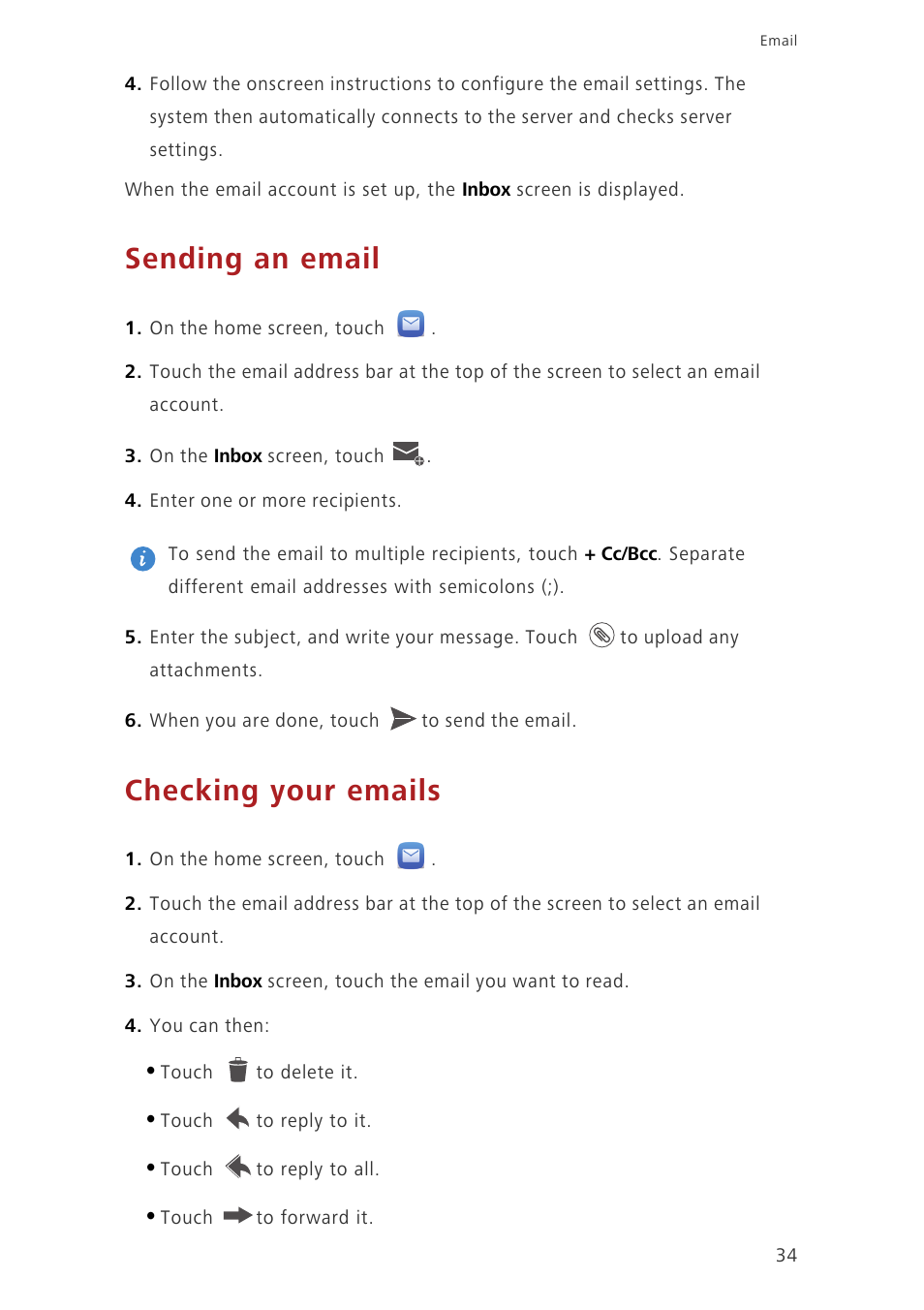 Sending an email, Checking your emails | Huawei Honor 3C H30-U10 User Guide User Manual | Page 38 / 75