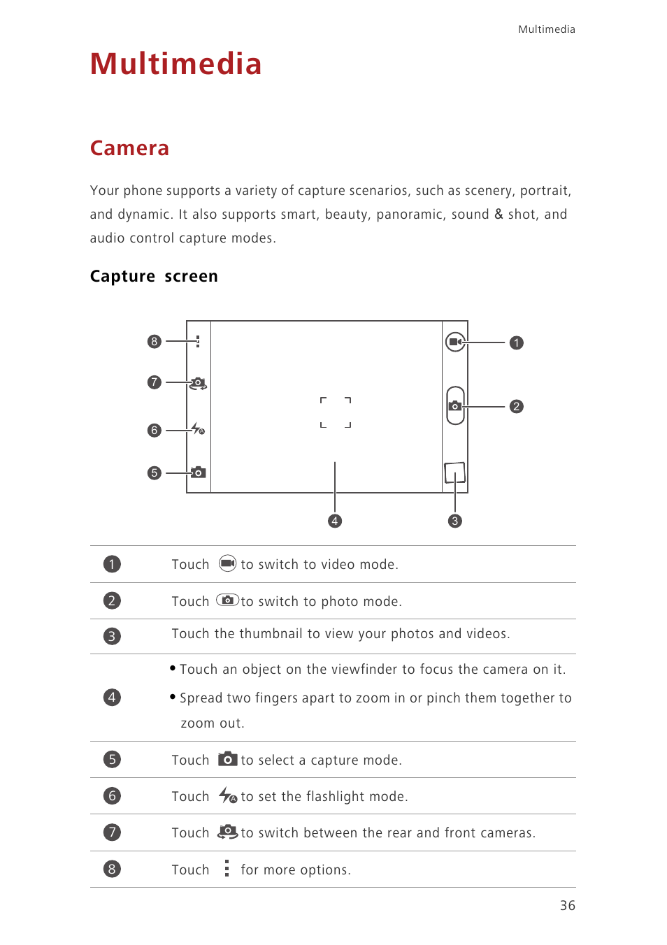 Multimedia, Camera, Capture screen | Huawei Honor 3C H30-U10 User Guide User Manual | Page 40 / 75