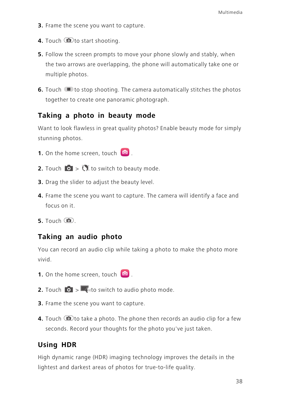 Taking a photo in beauty mode, Taking an audio photo, Using hdr | Huawei Honor 3C H30-U10 User Guide User Manual | Page 42 / 75