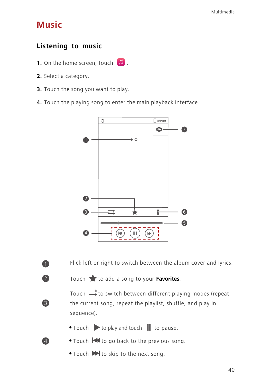 Music, Listening to music | Huawei Honor 3C H30-U10 User Guide User Manual | Page 44 / 75