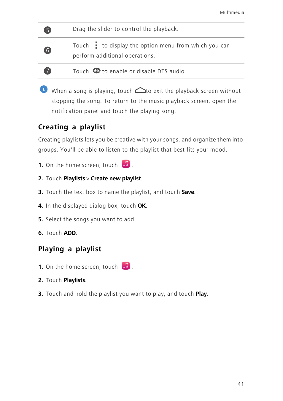 Creating a playlist, Playing a playlist | Huawei Honor 3C H30-U10 User Guide User Manual | Page 45 / 75