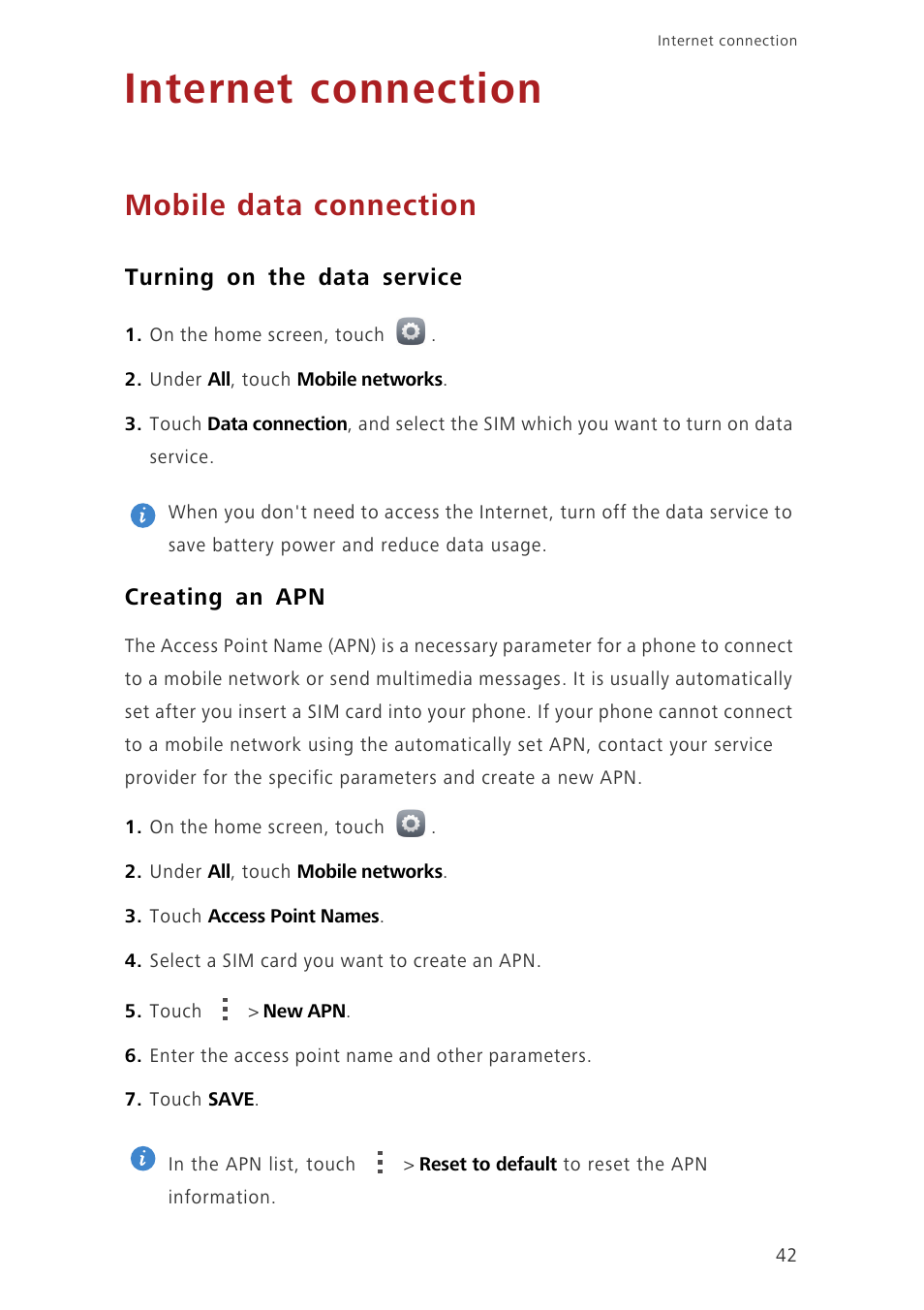 Internet connection, Mobile data connection, Turning on the data service | Creating an apn | Huawei Honor 3C H30-U10 User Guide User Manual | Page 46 / 75