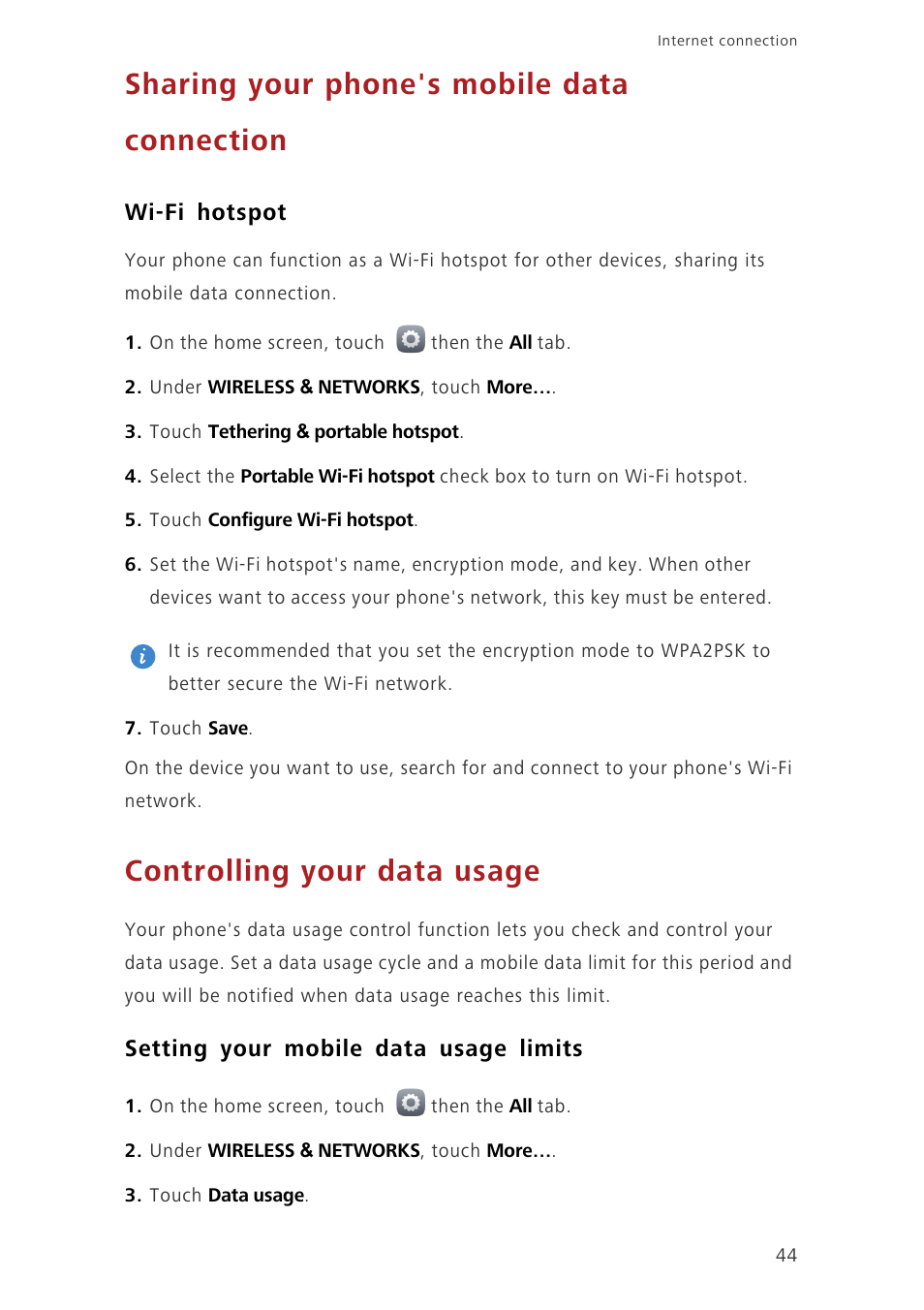 Sharing your phone's mobile data connection, Wi-fi hotspot, Controlling your data usage | Setting your mobile data usage limits | Huawei Honor 3C H30-U10 User Guide User Manual | Page 48 / 75