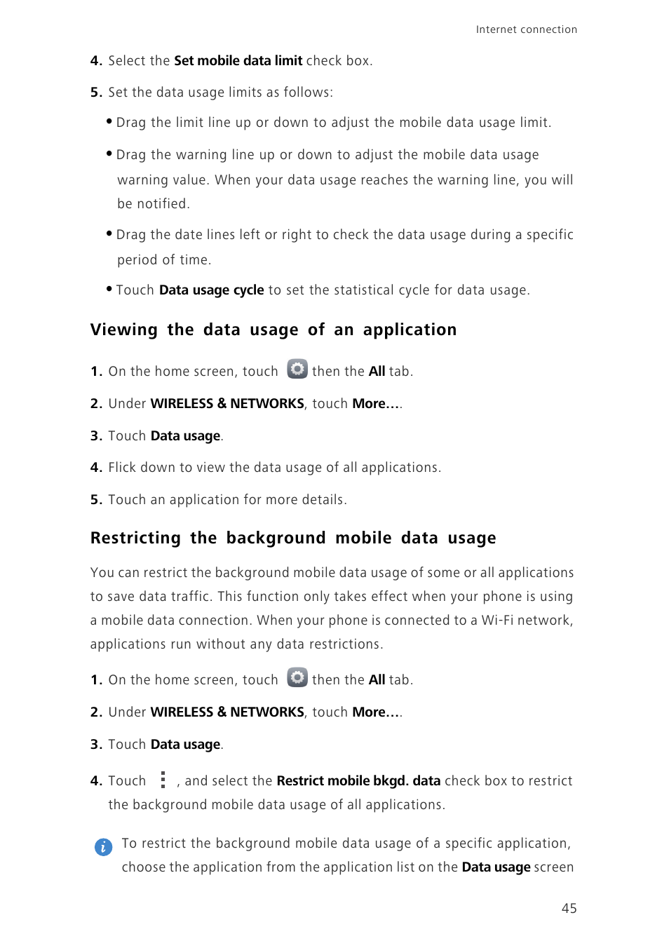 Viewing the data usage of an application, Restricting the background mobile data usage | Huawei Honor 3C H30-U10 User Guide User Manual | Page 49 / 75