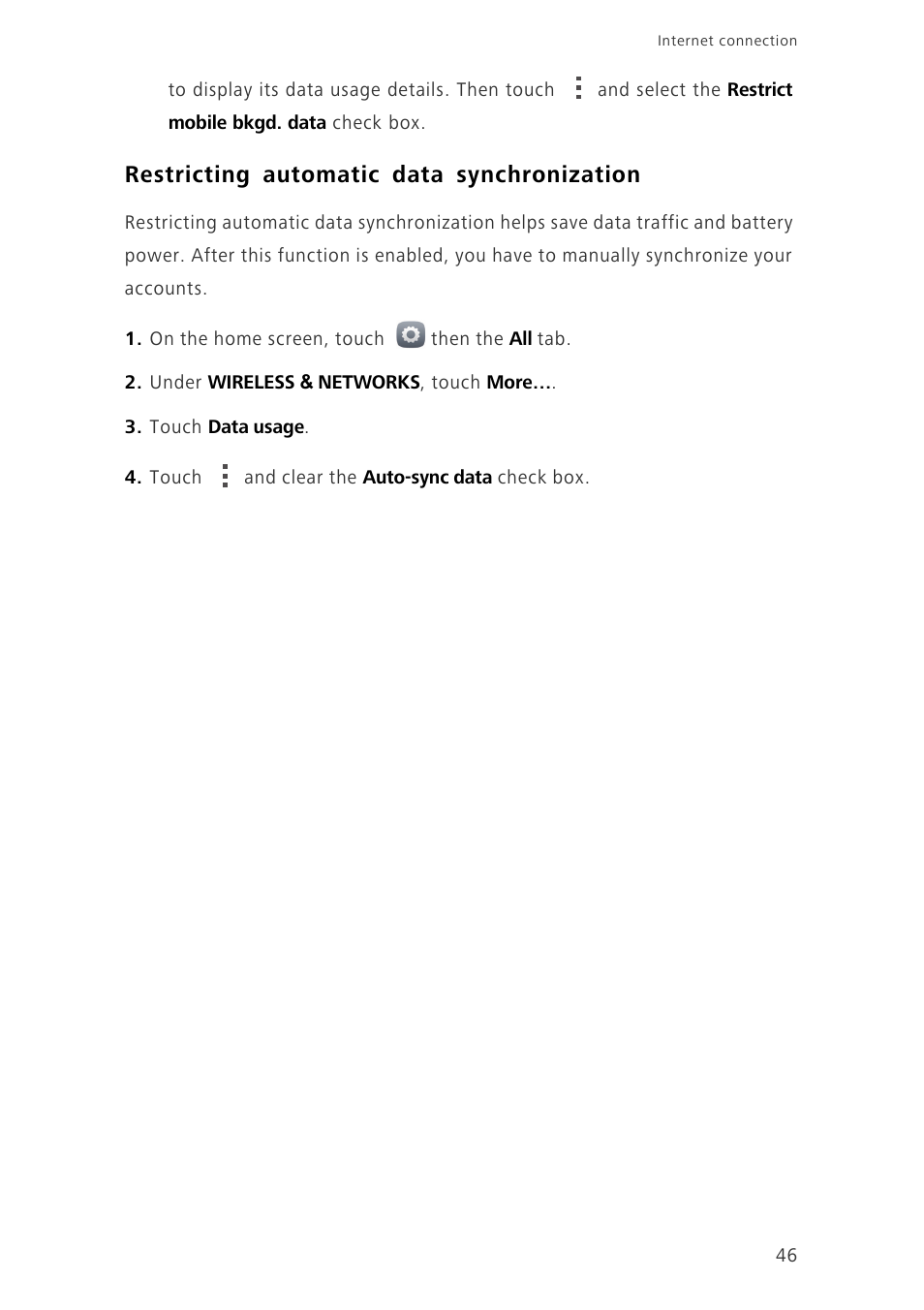 Restricting automatic data synchronization | Huawei Honor 3C H30-U10 User Guide User Manual | Page 50 / 75