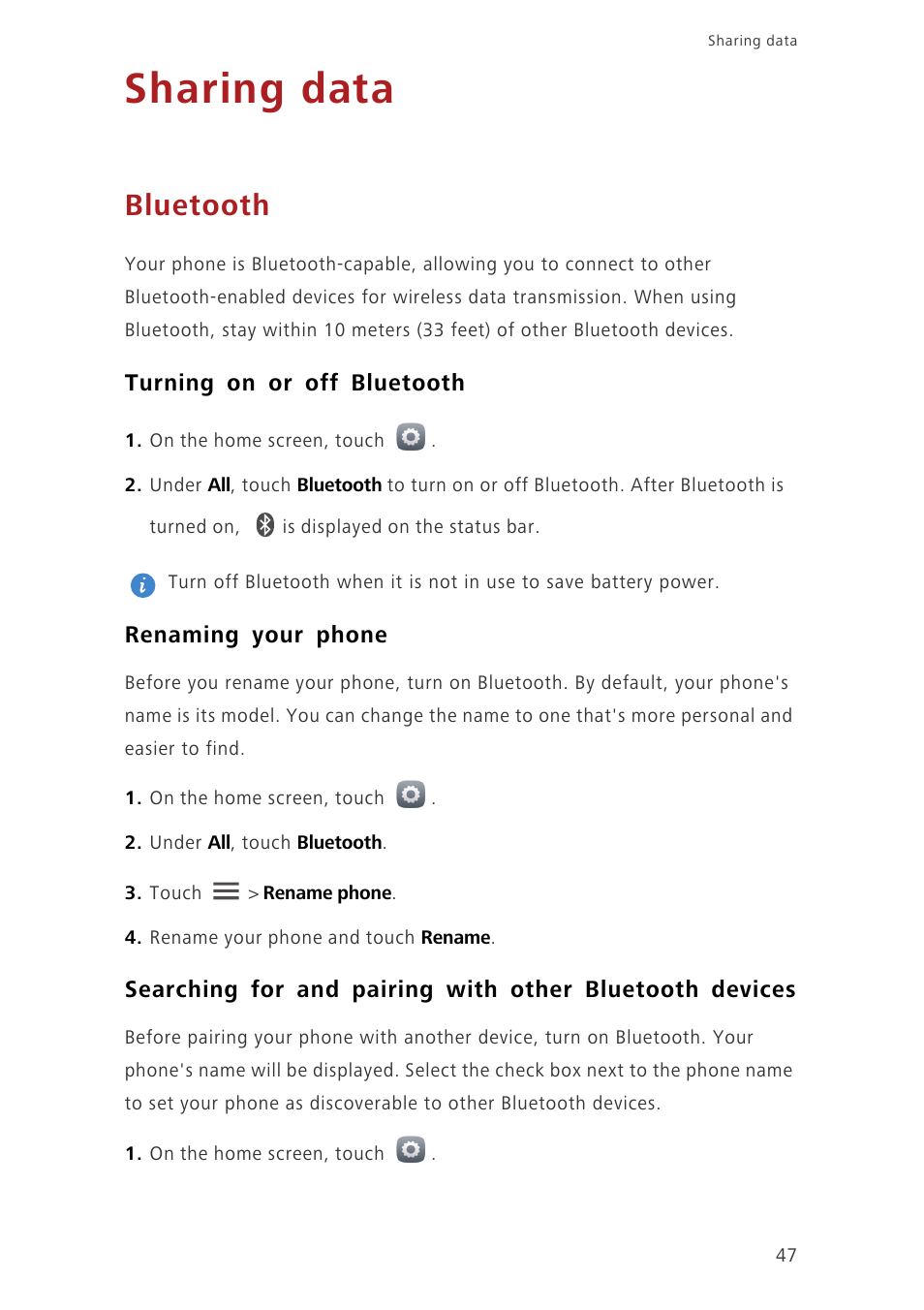 Sharing data, Bluetooth, Turning on or off bluetooth | Renaming your phone | Huawei Honor 3C H30-U10 User Guide User Manual | Page 51 / 75