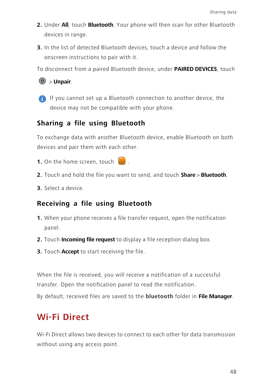 Sharing a file using bluetooth, Receiving a file using bluetooth, Wi-fi direct | Huawei Honor 3C H30-U10 User Guide User Manual | Page 52 / 75