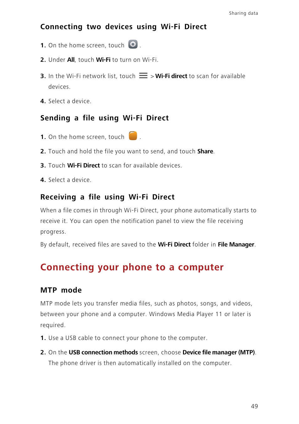 Connecting two devices using wi-fi direct, Sending a file using wi-fi direct, Receiving a file using wi-fi direct | Connecting your phone to a computer, Mtp mode | Huawei Honor 3C H30-U10 User Guide User Manual | Page 53 / 75