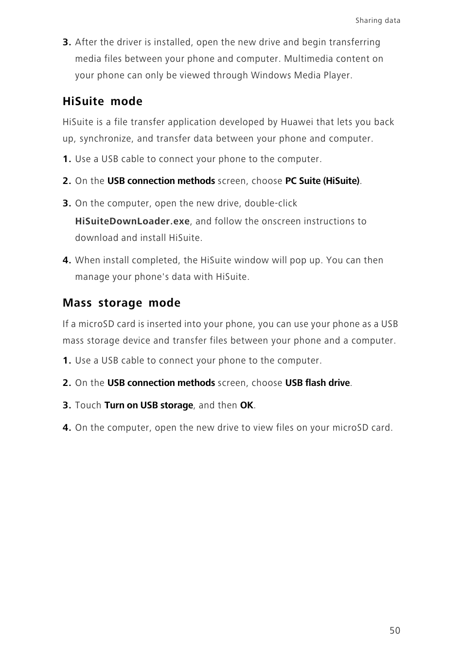 Hisuite mode, Mass storage mode | Huawei Honor 3C H30-U10 User Guide User Manual | Page 54 / 75