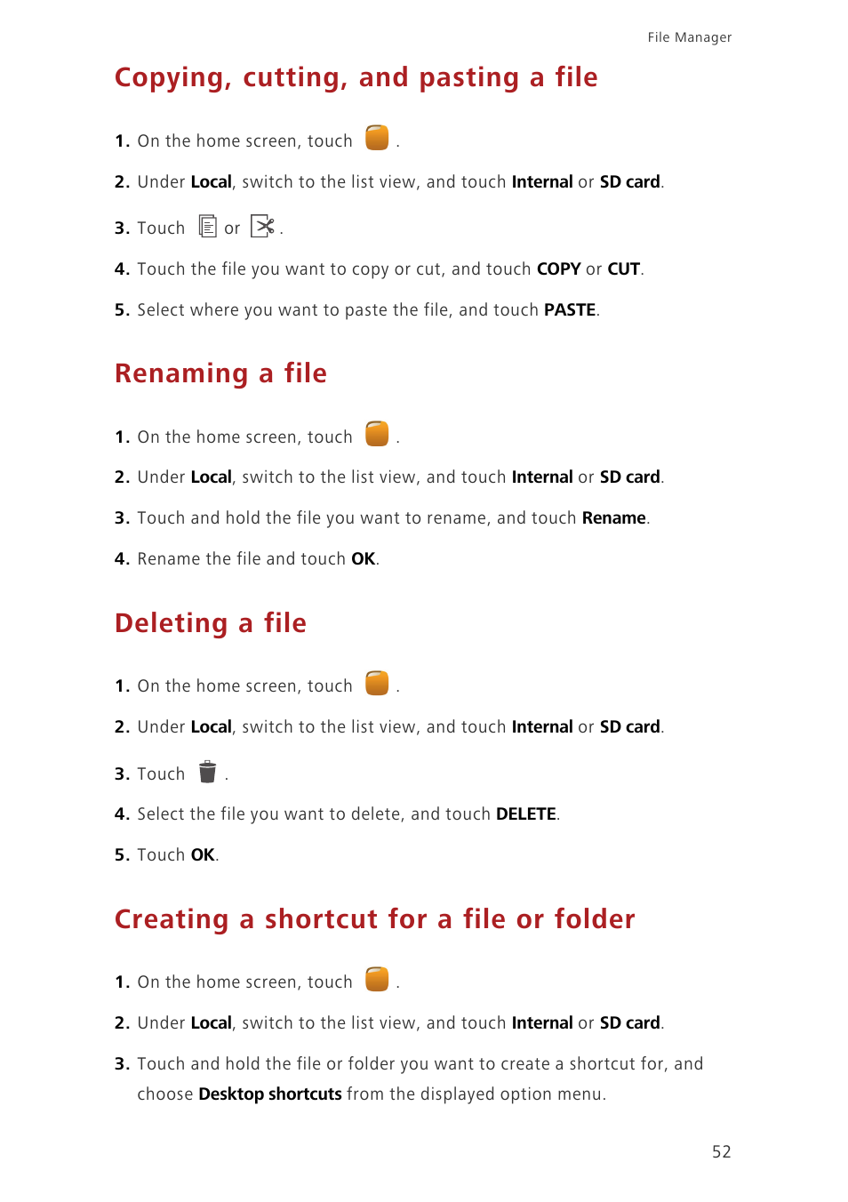 Copying, cutting, and pasting a file, Renaming a file, Deleting a file | Creating a shortcut for a file or folder | Huawei Honor 3C H30-U10 User Guide User Manual | Page 56 / 75