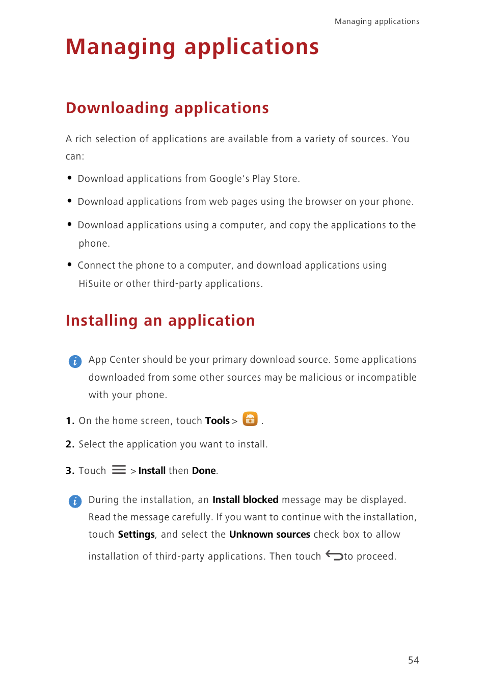 Managing applications, Downloading applications, Installing an application | Huawei Honor 3C H30-U10 User Guide User Manual | Page 58 / 75