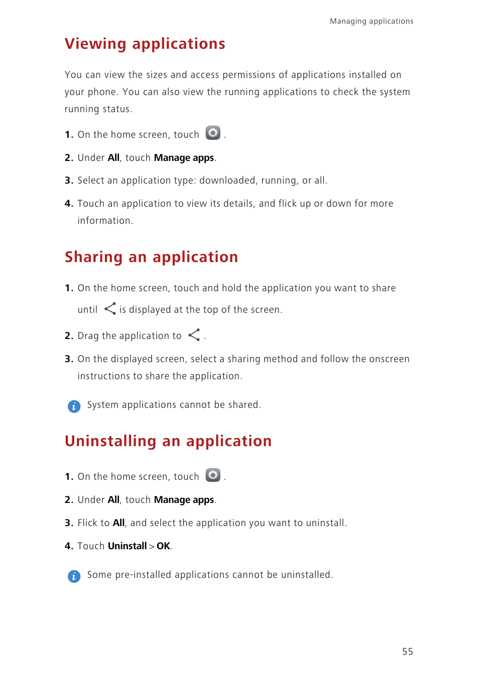 Viewing applications, Sharing an application, Uninstalling an application | Huawei Honor 3C H30-U10 User Guide User Manual | Page 59 / 75