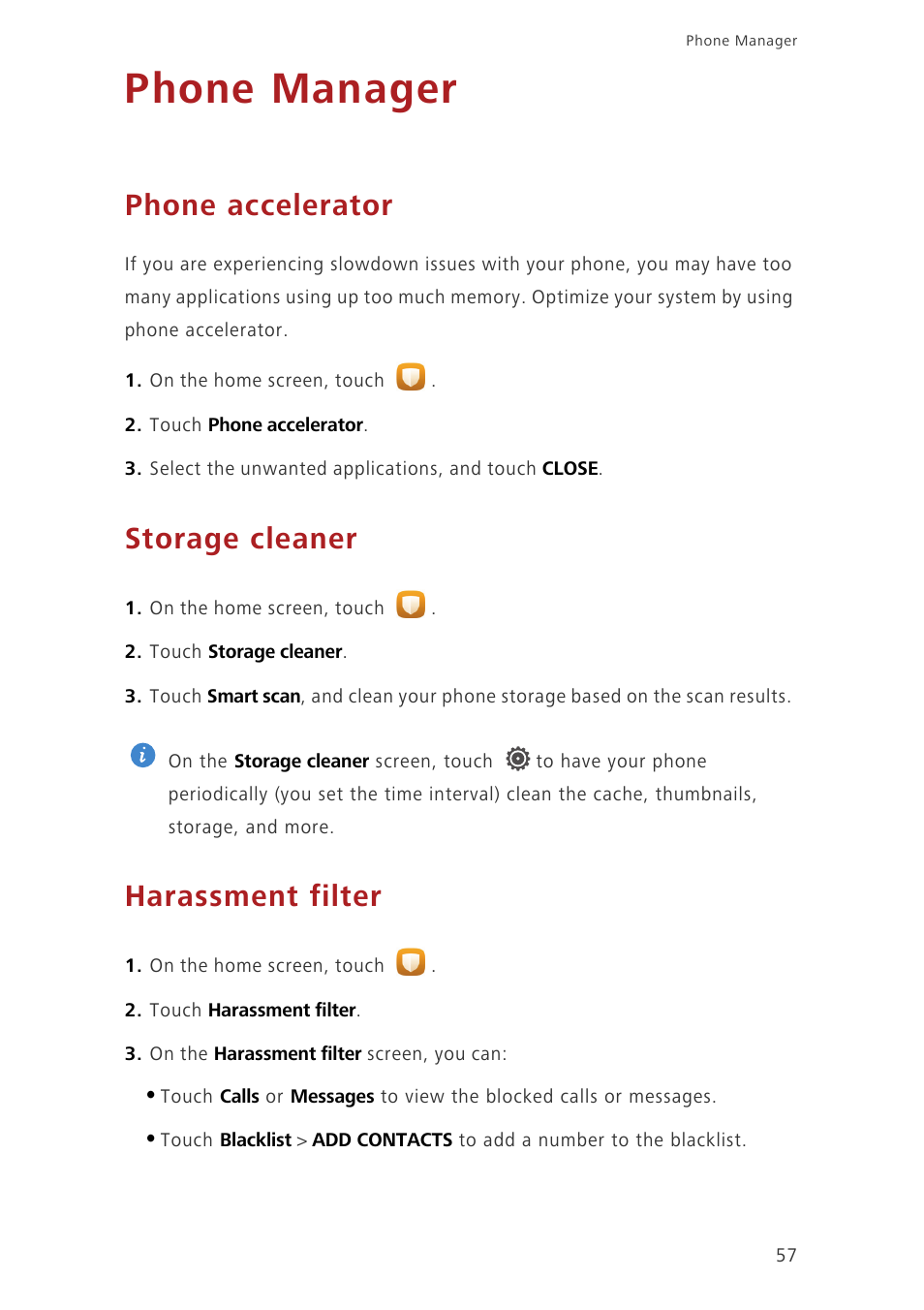 Phone manager, Phone accelerator, Storage cleaner | Harassment filter | Huawei Honor 3C H30-U10 User Guide User Manual | Page 61 / 75