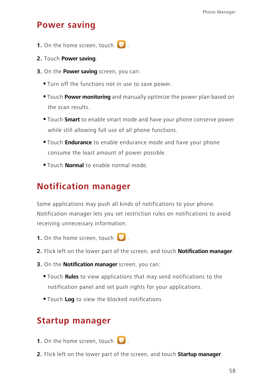 Power saving, Notification manager, Startup manager | Huawei Honor 3C H30-U10 User Guide User Manual | Page 62 / 75