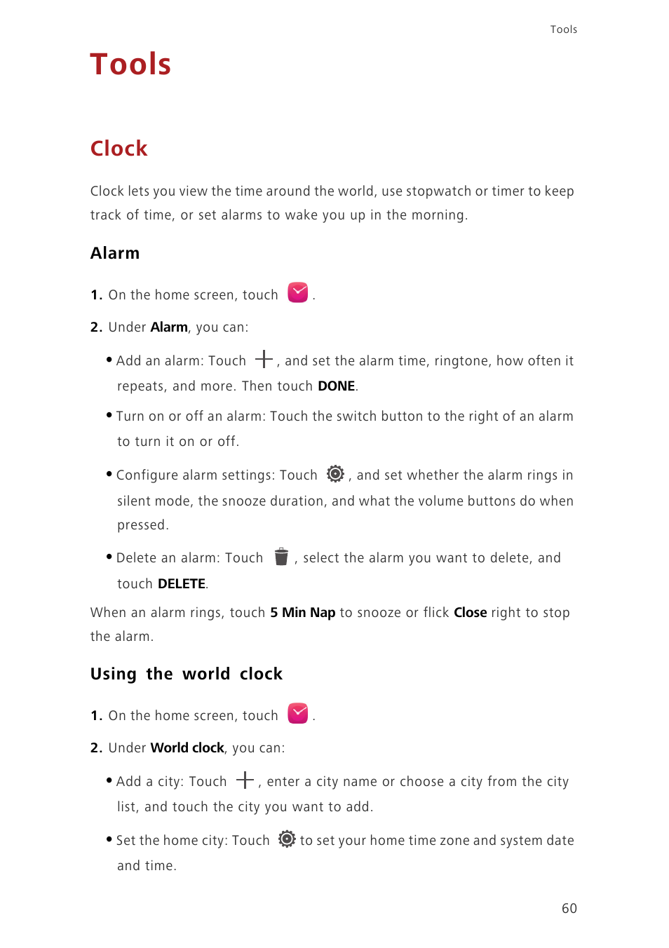 Tools, Clock, Alarm | Using the world clock | Huawei Honor 3C H30-U10 User Guide User Manual | Page 64 / 75