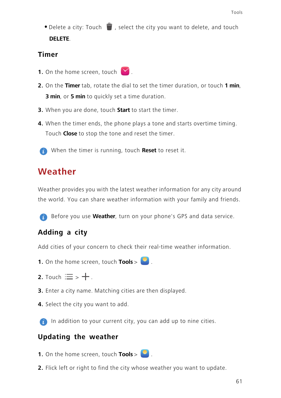 Timer, Weather, Adding a city | Updating the weather | Huawei Honor 3C H30-U10 User Guide User Manual | Page 65 / 75