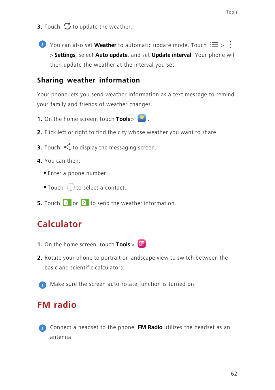 Sharing weather information, Calculator, Fm radio | Huawei Honor 3C H30-U10 User Guide User Manual | Page 66 / 75