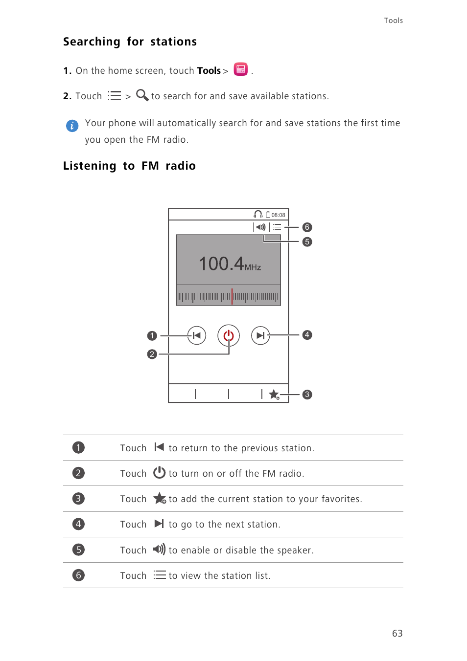 Searching for stations, Listening to fm radio | Huawei Honor 3C H30-U10 User Guide User Manual | Page 67 / 75