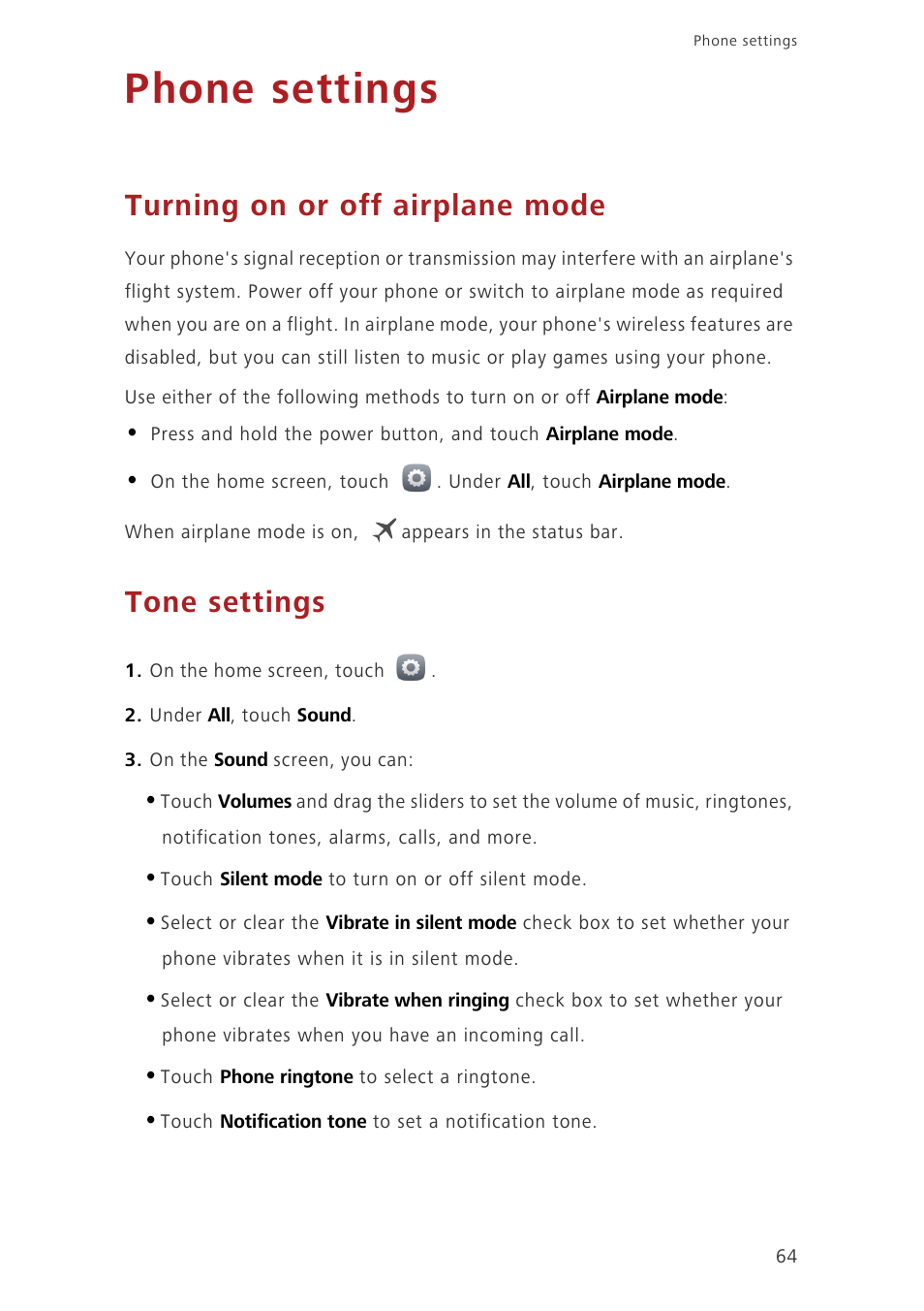 Phone settings, Turning on or off airplane mode, Tone settings | Huawei Honor 3C H30-U10 User Guide User Manual | Page 68 / 75