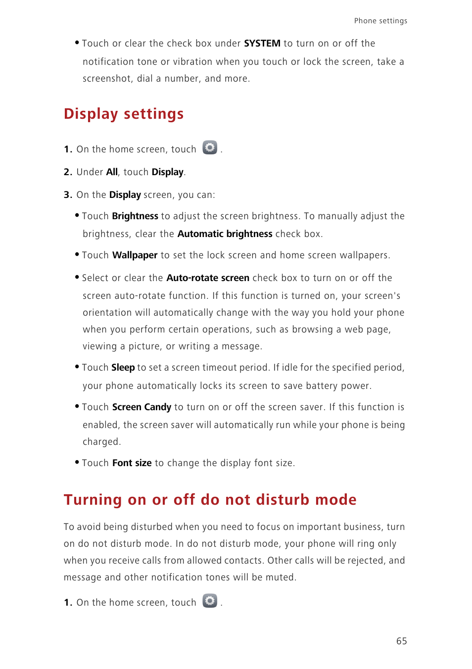 Display settings, Turning on or off do not disturb mode | Huawei Honor 3C H30-U10 User Guide User Manual | Page 69 / 75