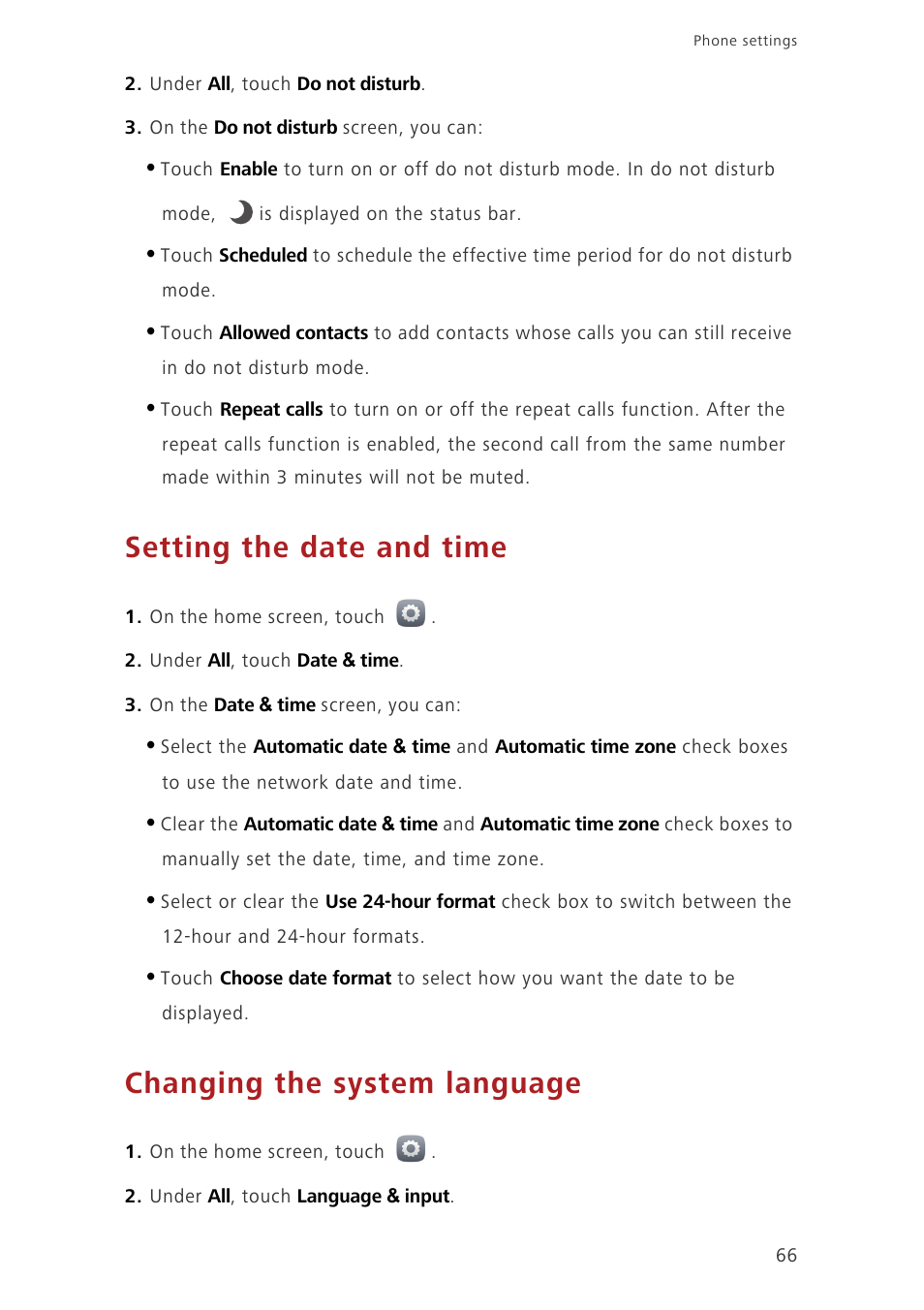 Setting the date and time, Changing the system language | Huawei Honor 3C H30-U10 User Guide User Manual | Page 70 / 75