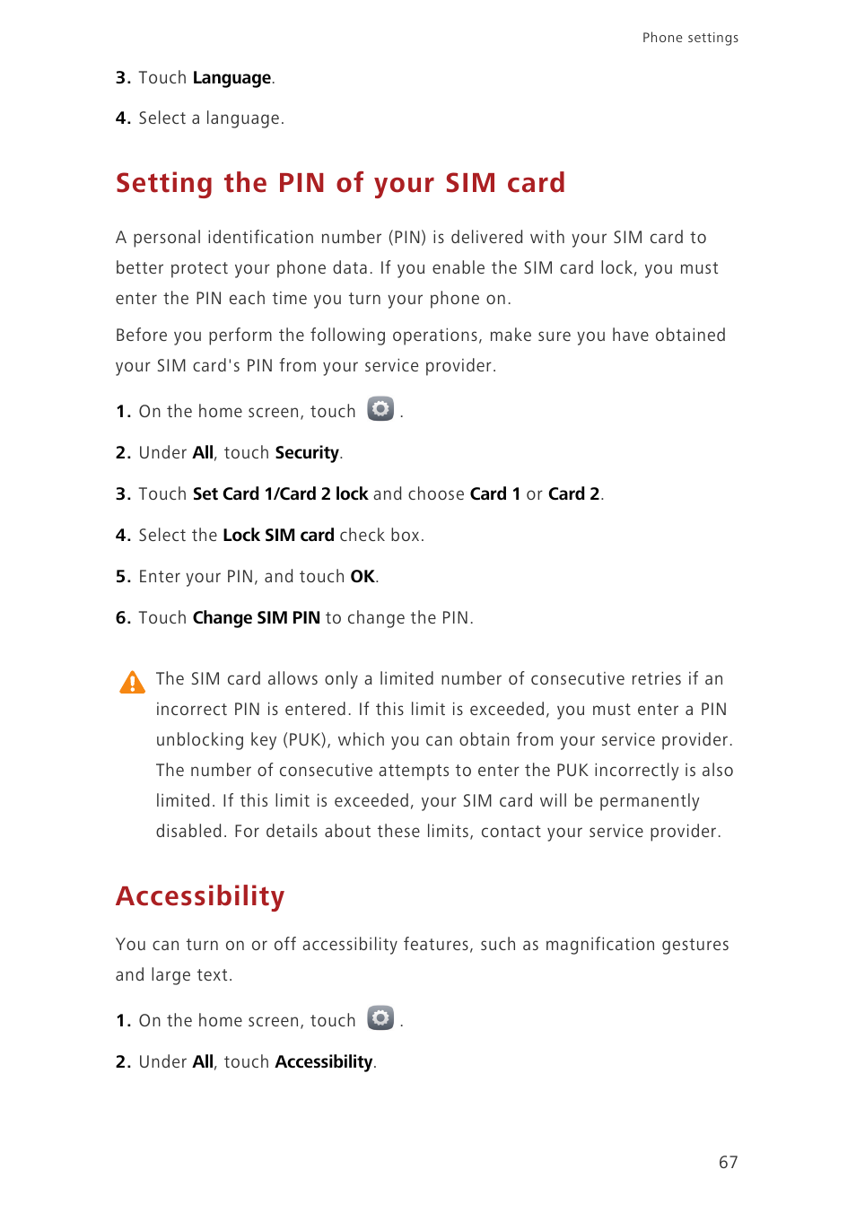 Setting the pin of your sim card, Accessibility | Huawei Honor 3C H30-U10 User Guide User Manual | Page 71 / 75