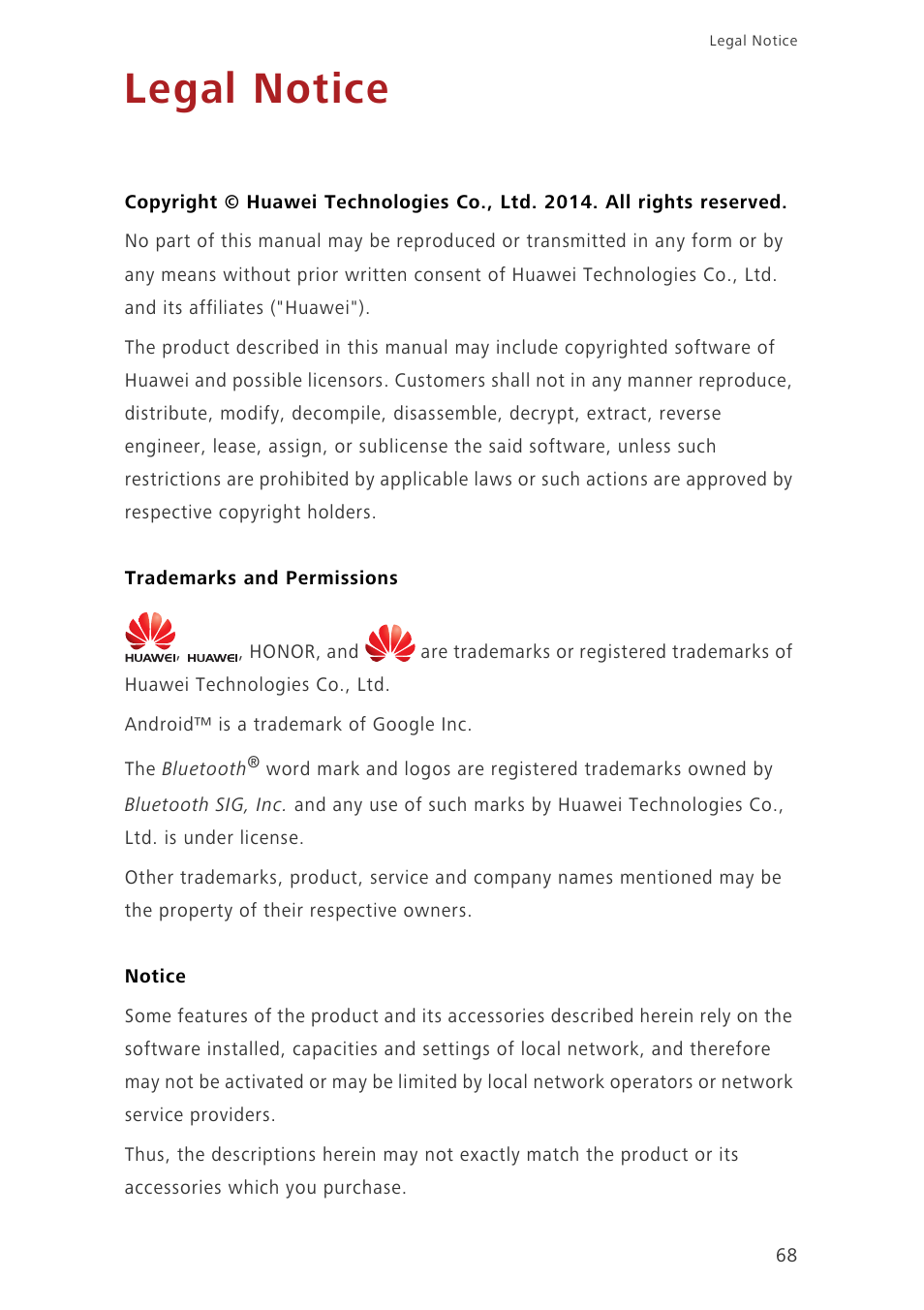 Legal notice, Trademarks and permissions, Notice | Huawei Honor 3C H30-U10 User Guide User Manual | Page 72 / 75