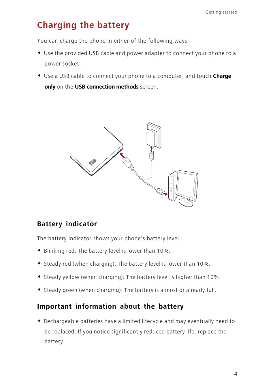 Charging the battery, Battery indicator, Important information about the battery | Huawei Honor 3C H30-U10 User Guide User Manual | Page 8 / 75