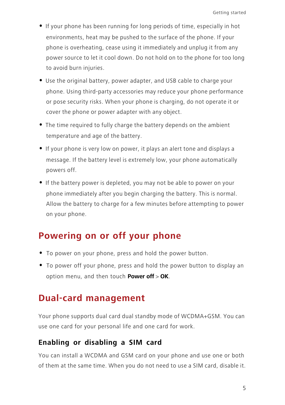 Powering on or off your phone, Dual-card management, Enabling or disabling a sim card | Huawei Honor 3C H30-U10 User Guide User Manual | Page 9 / 75