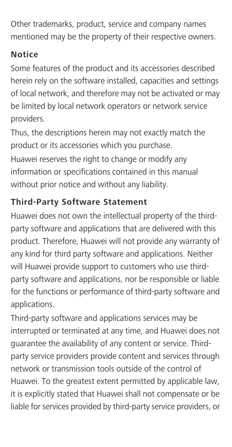 Notice, Third-party software statement | Huawei Honor 3C H30-U10 Quick Start User Manual | Page 17 / 32