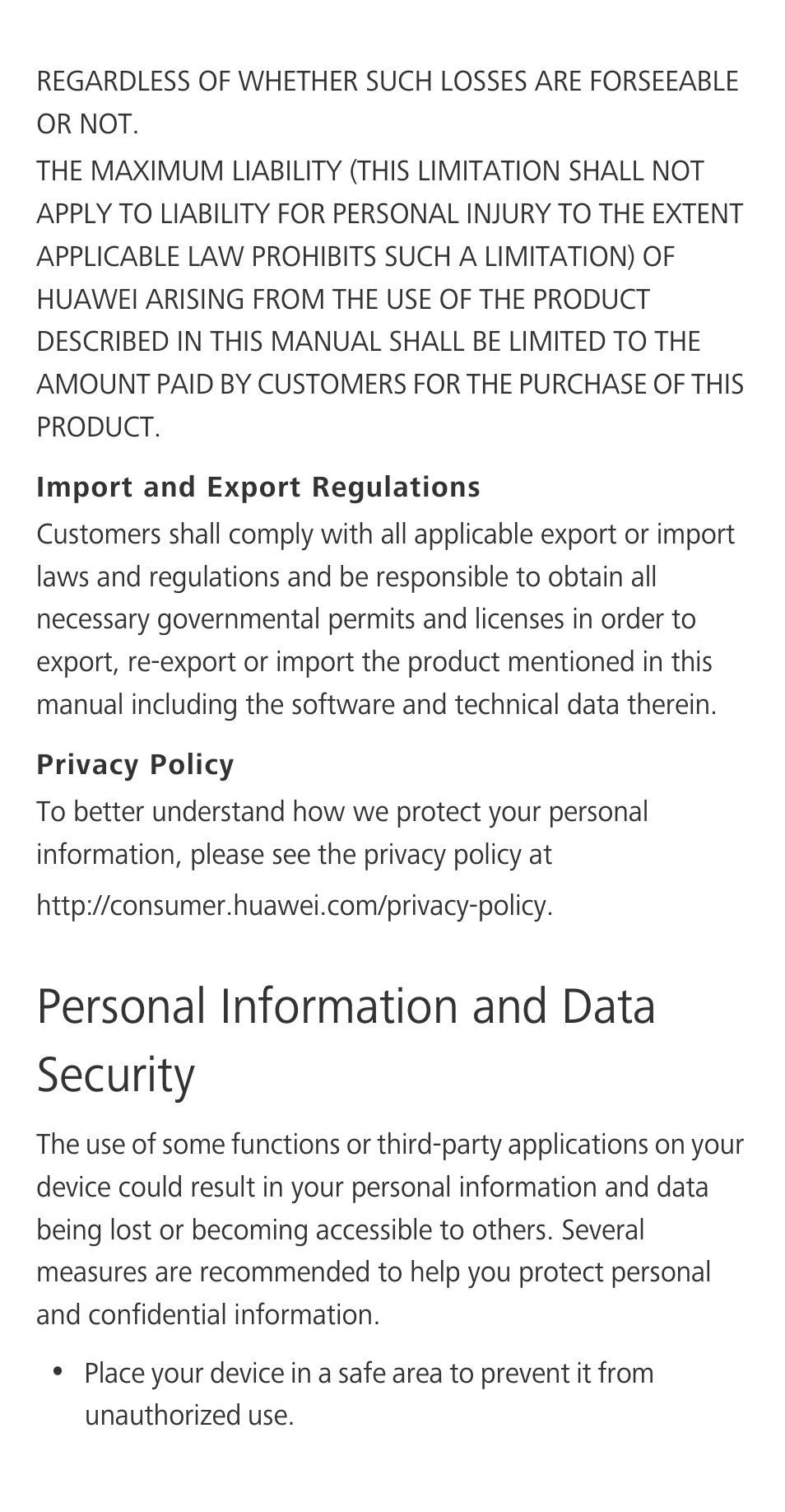 Import and export regulations, Privacy policy, Personal information and data security | Huawei Honor 3C H30-U10 Quick Start User Manual | Page 19 / 32