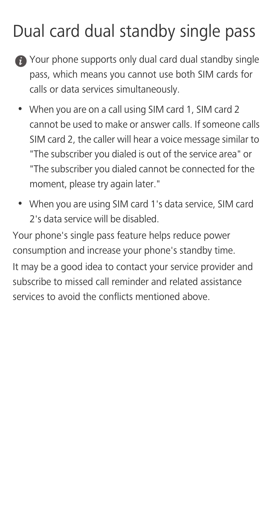 Dual card dual standby single pass | Huawei Honor 3C H30-U10 Quick Start User Manual | Page 2 / 32
