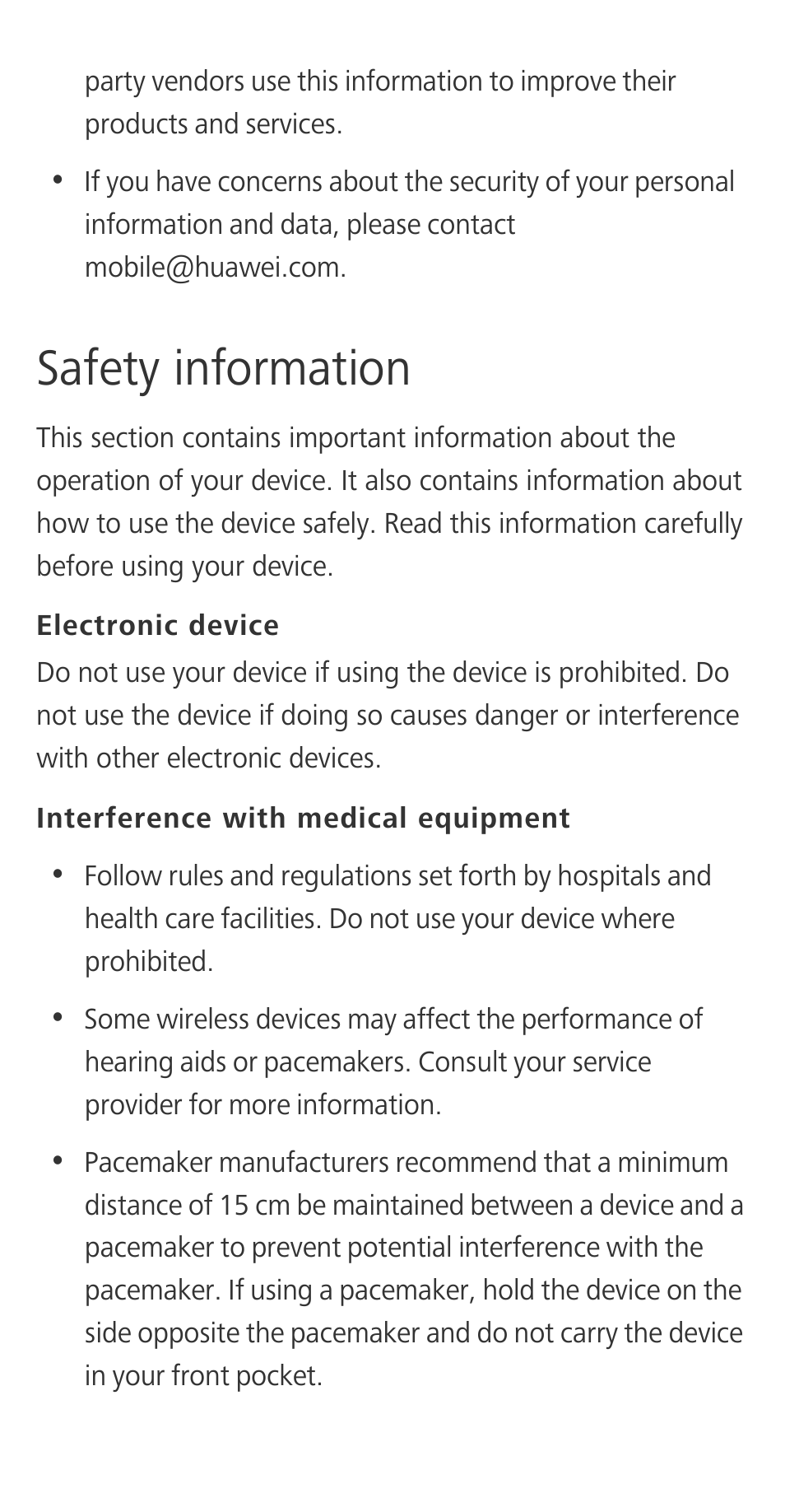 Safety information, Electronic device, Interference with medical equipment | Huawei Honor 3C H30-U10 Quick Start User Manual | Page 21 / 32