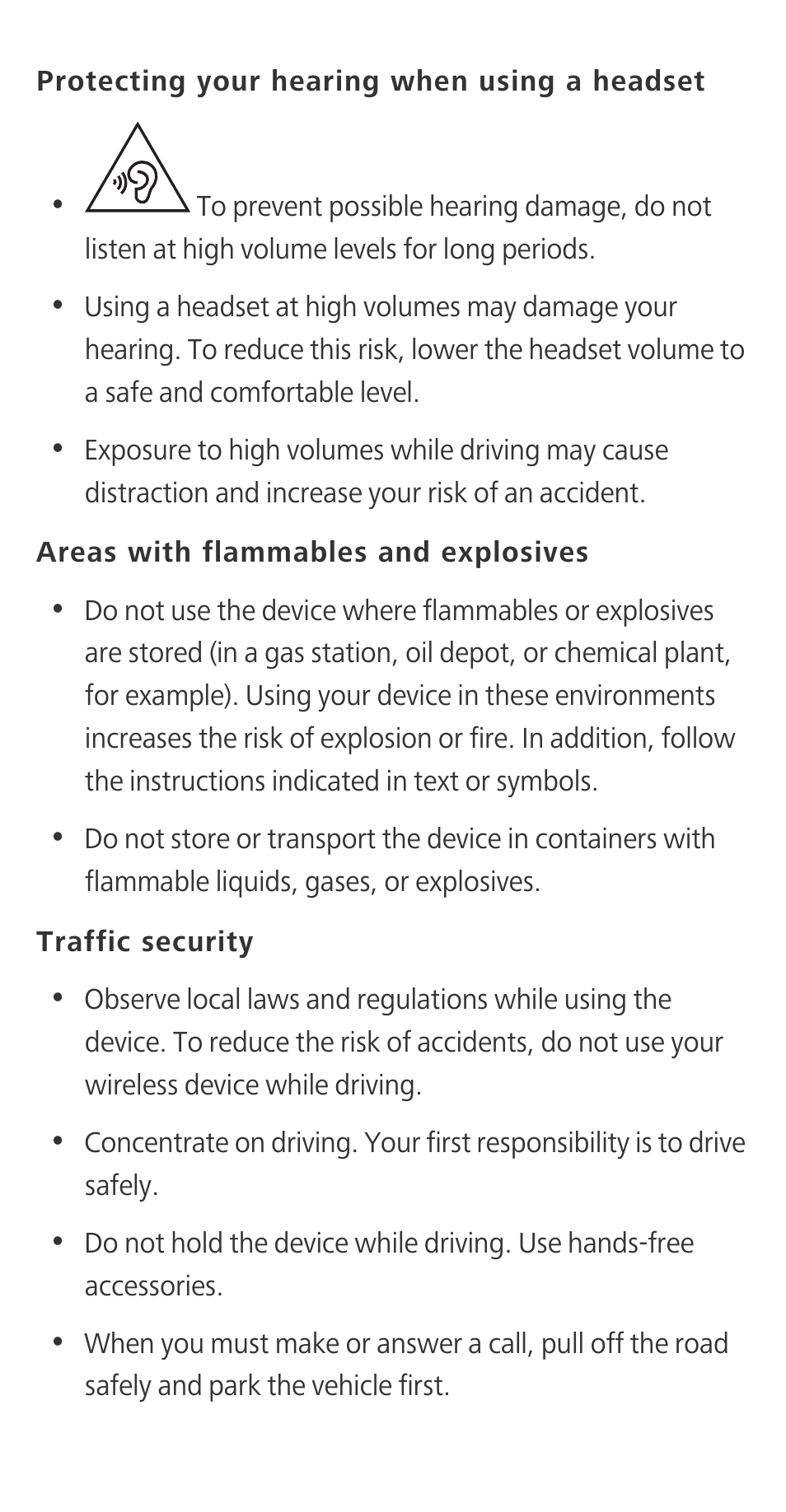 Protecting your hearing when using a headset, Areas with flammables and explosives, Traffic security | Huawei Honor 3C H30-U10 Quick Start User Manual | Page 22 / 32