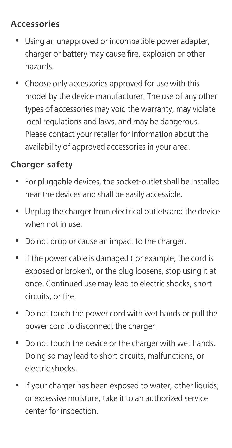 Accessories, Charger safety | Huawei Honor 3C H30-U10 Quick Start User Manual | Page 25 / 32