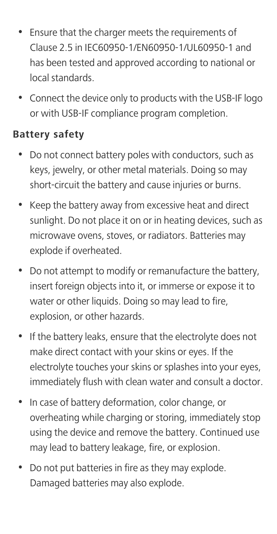 Battery safety | Huawei Honor 3C H30-U10 Quick Start User Manual | Page 26 / 32